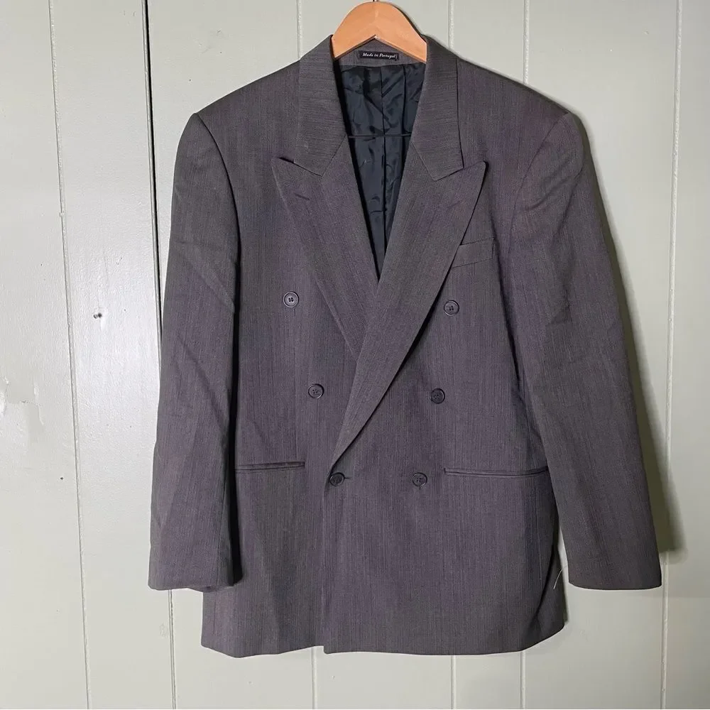 VTG DOUBLE BREASTED Yves Saint Laurent Mens 42R Gray Double Breasted Peak Blazer